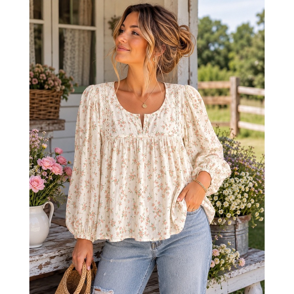 American Eagle Floral Babydoll Blouse Cream Pink Rose Lace Trim Size Medium NWT